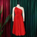 Plus Size African Women Summer Pleated Slash Shoulder Lace-Up Solid Dress