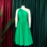 Plus Size African Women Summer Pleated Slash Shoulder Lace-Up Solid Dress