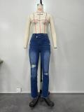 Women Ripped Diagonal Zip Denim Pants