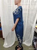 Women's Fashion Casual V-Neck Printed Short-Sleeved Trousers Set Two-Piece Set