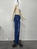 Women Ripped Diagonal Zip Denim Pants