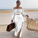 Plus Size Women Sexy Off Shoulder Balloon Sleeve Top and Skirt Two-Piece Set