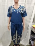 Women's Fashion Casual V-Neck Printed Short-Sleeved Trousers Set Two-Piece Set