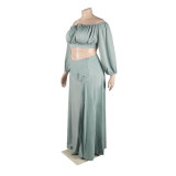 Plus Size Women Sexy Off Shoulder Balloon Sleeve Top and Skirt Two-Piece Set