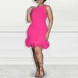 Women Casual Solid Sleeveless Feather Bodycon Dress