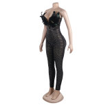 Women Sexy Feather Beaded Sleeveless Jumpsuit