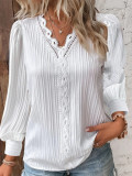 Women Autumn Long Sleeve V Neck Lace Shirt