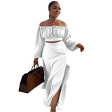 Plus Size Women Sexy Off Shoulder Balloon Sleeve Top and Skirt Two-Piece Set