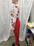 Women Long Sleeve Printed Shirt + Solid Pant Casual Two-Piece Set (No Jacket)