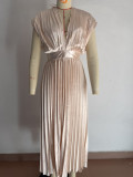Spring Summer Sexy Pleated Dress Casual Loose Zipper Sleeveless Dress