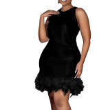 Women Casual Solid Sleeveless Feather Bodycon Dress