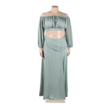 Plus Size Women Sexy Off Shoulder Balloon Sleeve Top and Skirt Two-Piece Set