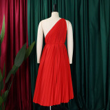 Plus Size African Women Summer Pleated Slash Shoulder Lace-Up Solid Dress