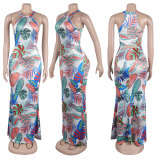Women Sexy Printed Sleeveless Cutout Round Neck Bodycon Dress