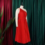 Plus Size African Women Summer Pleated Slash Shoulder Lace-Up Solid Dress