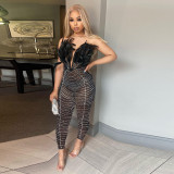 Women Sexy Feather Beaded Sleeveless Jumpsuit