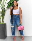 Women Ripped Diagonal Zip Denim Pants