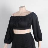 Plus Size Women Sexy Off Shoulder Balloon Sleeve Top and Skirt Two-Piece Set