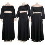 Plus Size Women Sexy Off Shoulder Balloon Sleeve Top and Skirt Two-Piece Set
