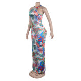 Women Sexy Printed Sleeveless Cutout Round Neck Bodycon Dress
