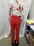 Women Long Sleeve Printed Shirt + Solid Pant Casual Two-Piece Set (No Jacket)