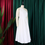 Plus Size African Women Summer Pleated Slash Shoulder Lace-Up Solid Dress