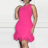 Women Casual Solid Sleeveless Feather Bodycon Dress