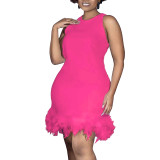 Women Casual Solid Sleeveless Feather Bodycon Dress