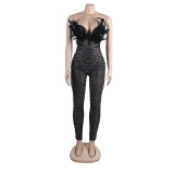 Women Sexy Feather Beaded Sleeveless Jumpsuit