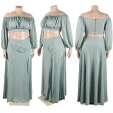 Plus Size Women Sexy Off Shoulder Balloon Sleeve Top and Skirt Two-Piece Set