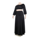 Plus Size Women Sexy Off Shoulder Balloon Sleeve Top and Skirt Two-Piece Set