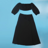 Plus Size Women Sexy Off Shoulder Balloon Sleeve Top and Skirt Two-Piece Set