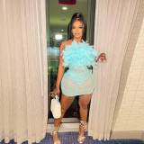 See-Through Slim Feather Beaded Sleeveless Strapless Bodycon Dress