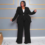 Plus Size Women's Fashion Chic Professional Casual Long Sleeve Coat Belted Trousers Two-Piece Set