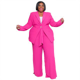 Plus Size Women's Fashion Chic Professional Casual Long Sleeve Coat Belted Trousers Two-Piece Set