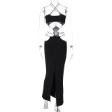 Women's Summer Sexy Low Cut Hoop Patchwork Halter Neck Low Back Slit Dress