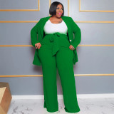 Plus Size Women's Fashion Chic Professional Casual Long Sleeve Coat Belted Trousers Two-Piece Set