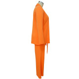 Plus Size Women's Fashion Chic Professional Casual Long Sleeve Coat Belted Trousers Two-Piece Set