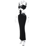 Women's Summer Sexy Low Cut Hoop Patchwork Halter Neck Low Back Slit Dress