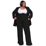 Plus Size Women's Fashion Chic Professional Casual Long Sleeve Coat Belted Trousers Two-Piece Set
