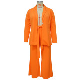 Plus Size Women's Fashion Chic Professional Casual Long Sleeve Coat Belted Trousers Two-Piece Set