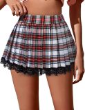 Women's Plaid Lace Skirt High Waist Pleated Mini Skirt