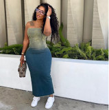 Women's Sexy Gradient Strapless Slit Bodycon Stretch Denim Dress