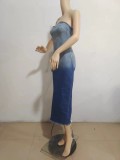 Women's Sexy Gradient Strapless Slit Bodycon Stretch Denim Dress