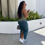 Women's Sexy Gradient Strapless Slit Bodycon Stretch Denim Dress