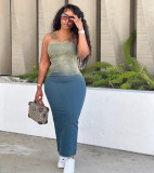 Women's Sexy Gradient Strapless Slit Bodycon Stretch Denim Dress