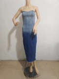 Women's Sexy Gradient Strapless Slit Bodycon Stretch Denim Dress