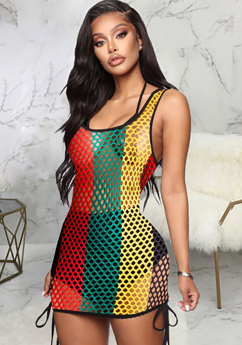 Women's Cutout See-Through Multi-Color Mesh Beach Cover Up Tank Dress