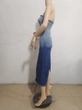 Women's Sexy Gradient Strapless Slit Bodycon Stretch Denim Dress