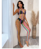 Women Stretch See-Through Rainbow Swimsuit Cutout Fishnet Sexy Lingerie
